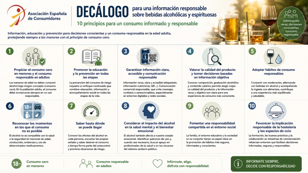 La Asociación Española de Consumidores reivindica el consumo cero de alcohol en menores y un consumo responsable e informado en adultos